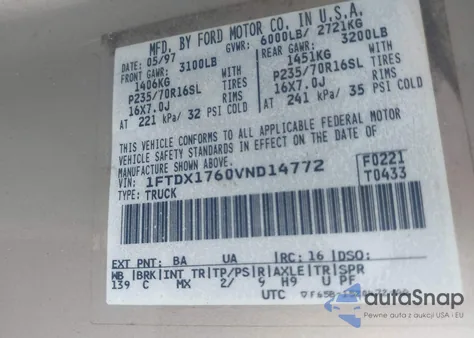 1997 Ford F-150 Lariat/Standard/Xl/Xlt from USA, damaged, VIN 1FTDX1760VND14772